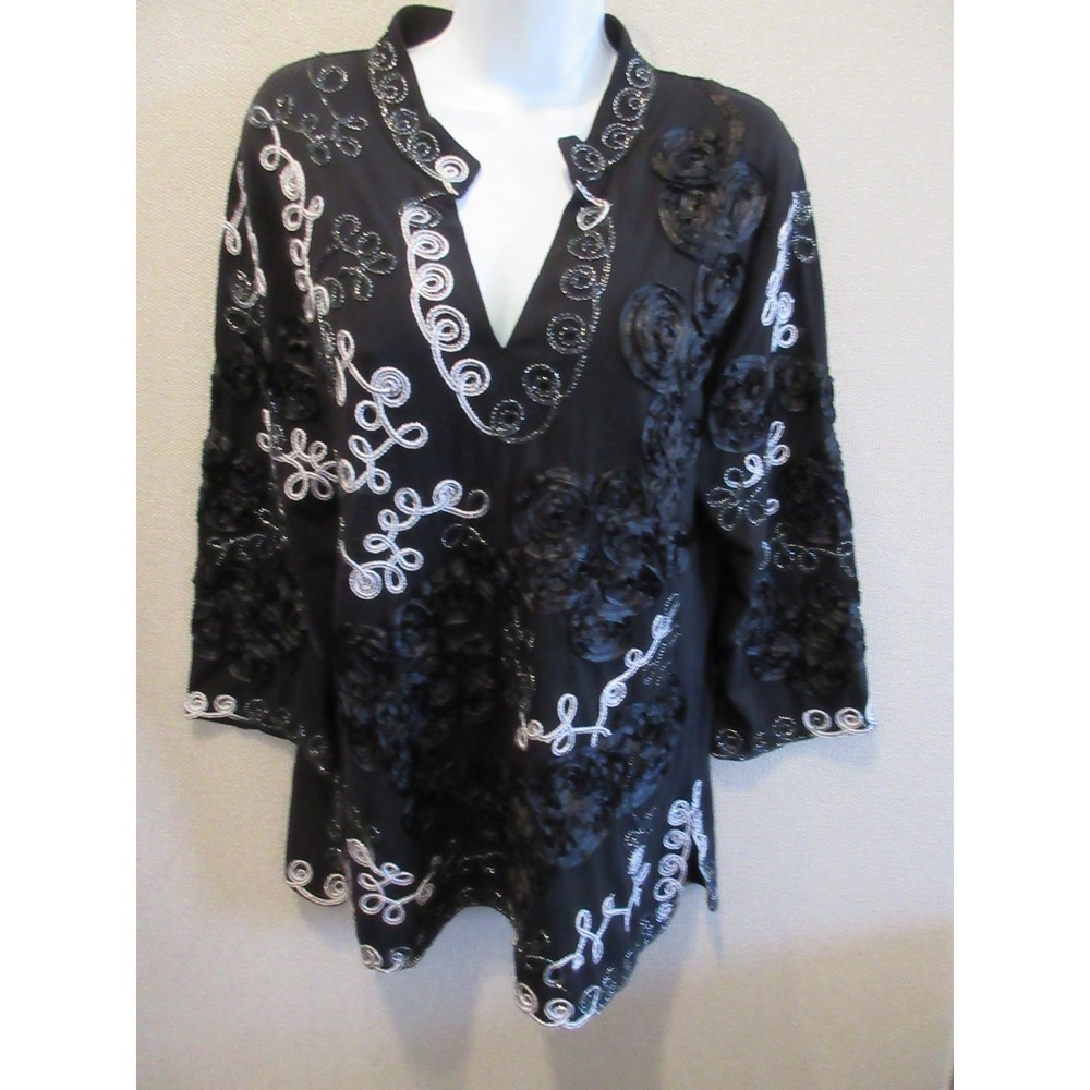 Lauren Michelle Womens Tunic Black  3/4 Sleeve V-Neck Size XL Applique